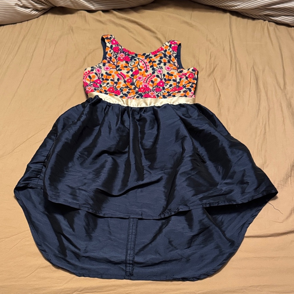 A.T.U.N Navy High Low Dress with Floral Embroidery - Size 7/8